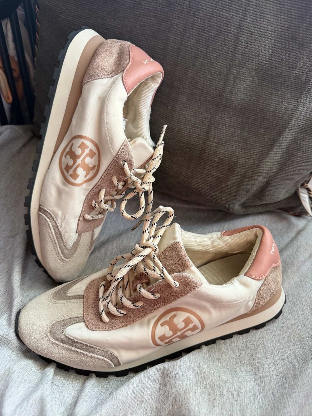 Tory Burch Cream and Pink Suede & Nylon Sneakers
